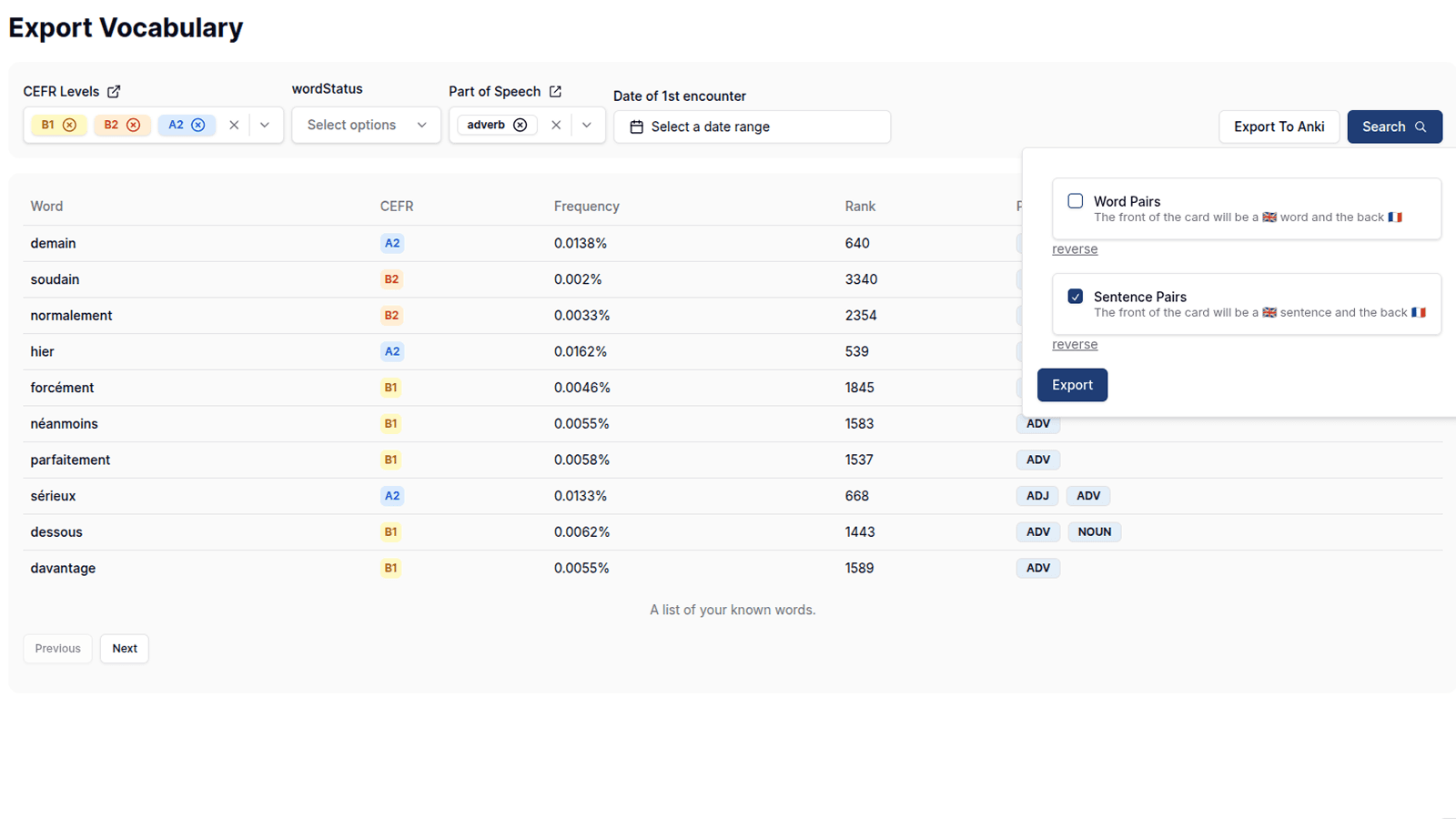 Export section screenshot
