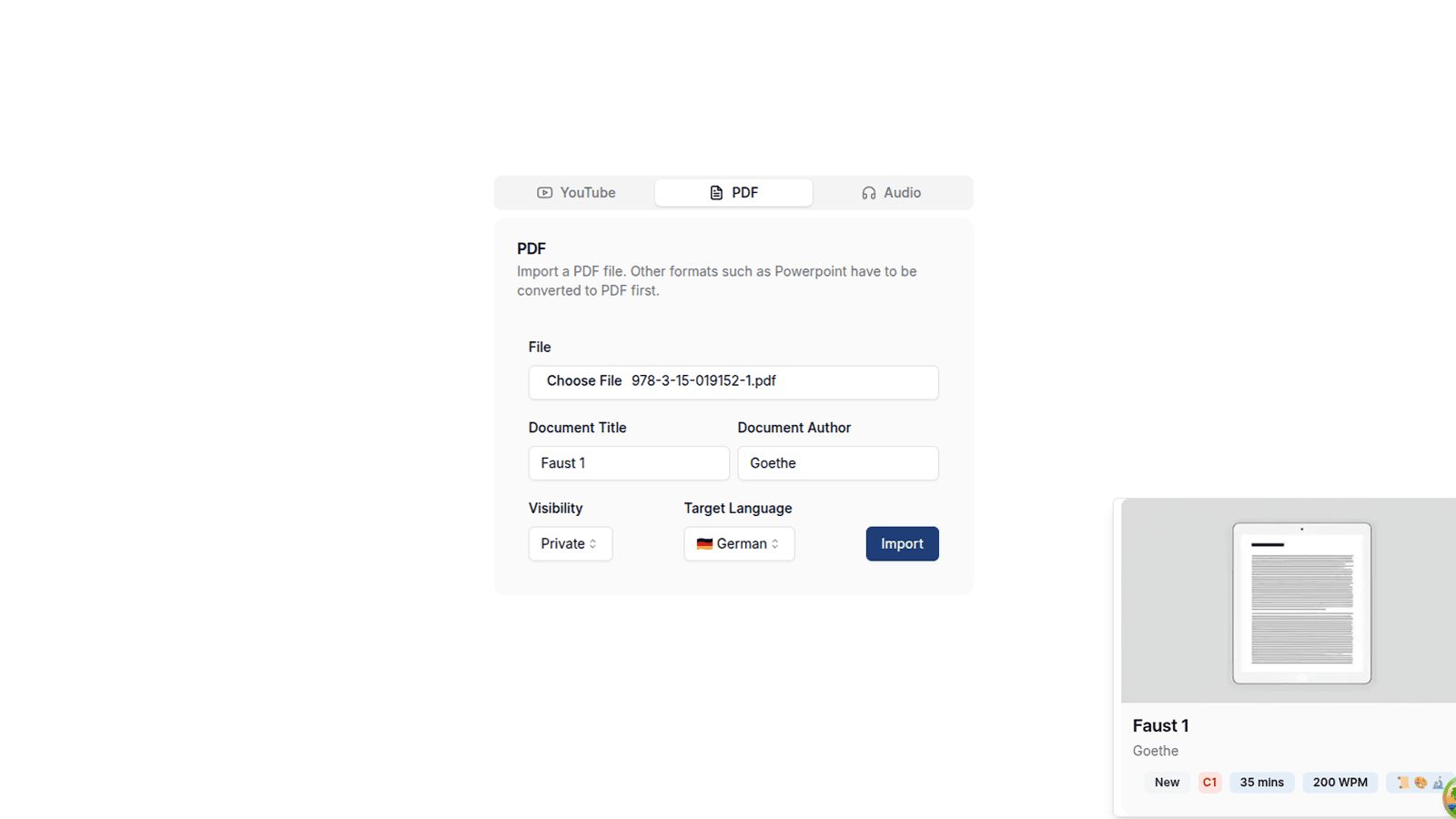 Import section screenshot